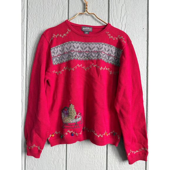 Woolrich Christmas Sweater Sleigh Embroidered Holiday Lights, Petite Large - Picture 1 of 8